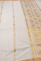 Off White Pure  Kerala Cotton Zari Lines Butta Honeycomb Peacock Pallu Saree