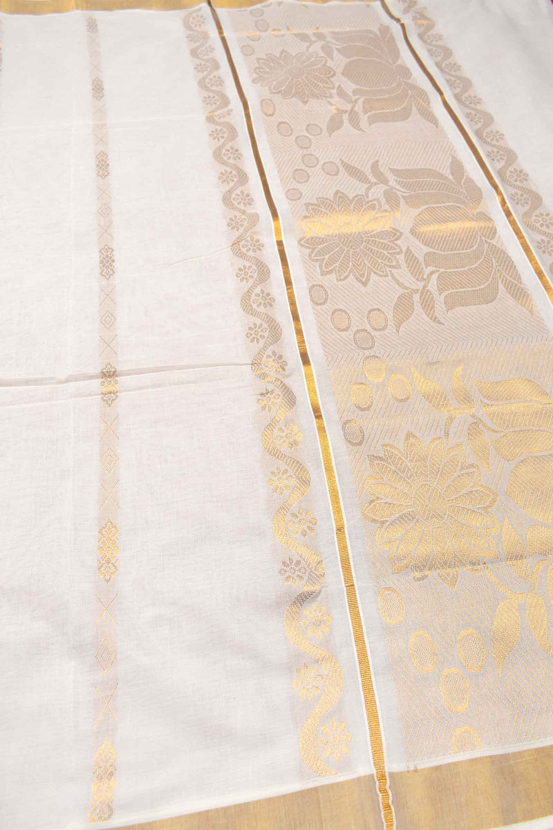 Off White Pure Kerala Cotton Zari Lines Butta Lotus Pallu Saree