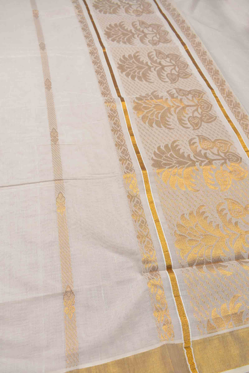 Off White Pure Kerala Cotton Zari Lines Butta Golden Zari Border Floral Tree Pallu Saree