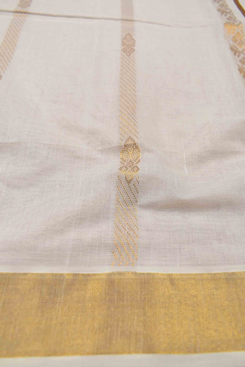 Off White Pure Kerala Cotton Zari Lines Butta Golden Zari Border Floral Tree Pallu Saree