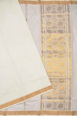 Off White Pure  Kerala Cotton Zari Lines Butta Honeycomb Peacock Pallu Saree