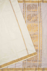 Off White Pure Kerala Cotton Zari Lines Butta Golden Zari Border Floral Tree Pallu Saree