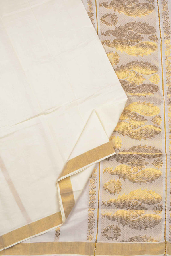 Off White  Pure Kerala Cotton Zari Lines Butta Peacock Pallu Saree