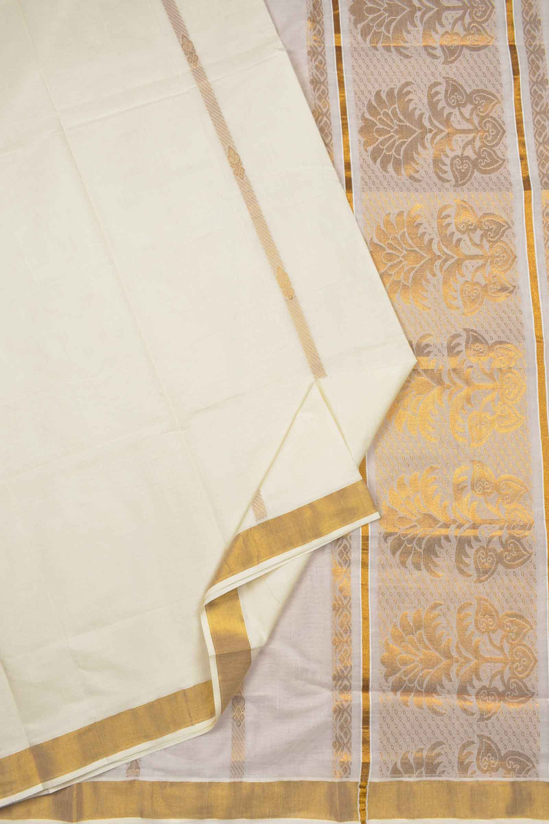 Off White Pure Kerala Cotton Zari Lines Butta Golden Zari Border Floral Tree Pallu Saree