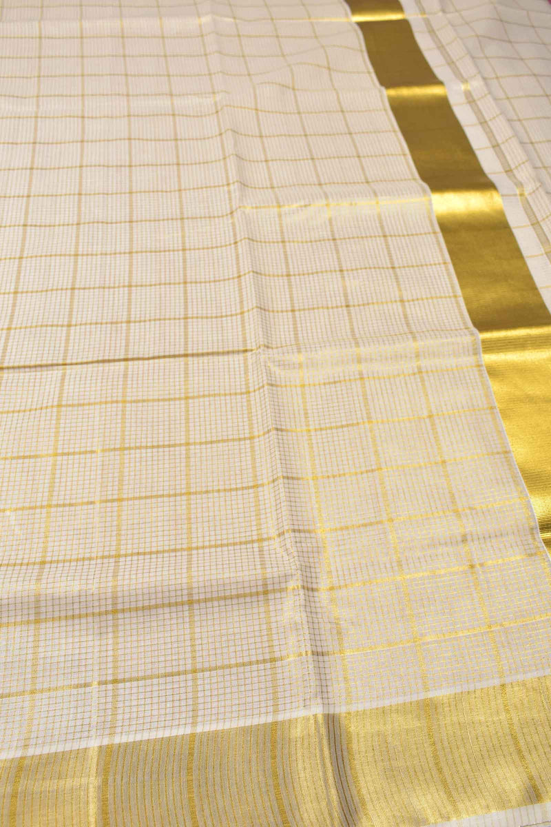 Off White Pure Kerala Tissue Cotton All Over Checks Zari Border Saree