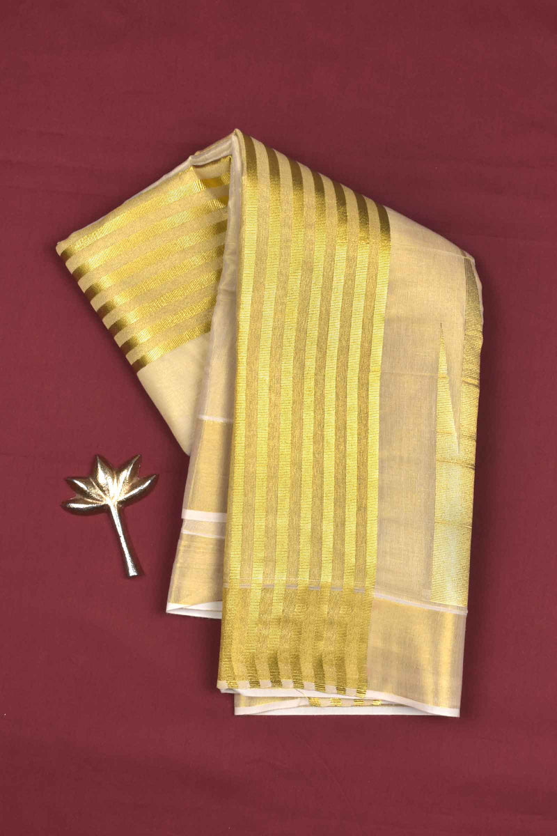 Off White Pure Kerala Tissue Cotton Zari Lines Fancy Temple Border Saree