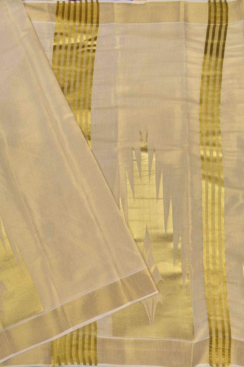 Off White Pure Kerala Tissue Cotton Zari Lines Fancy Temple Border Saree