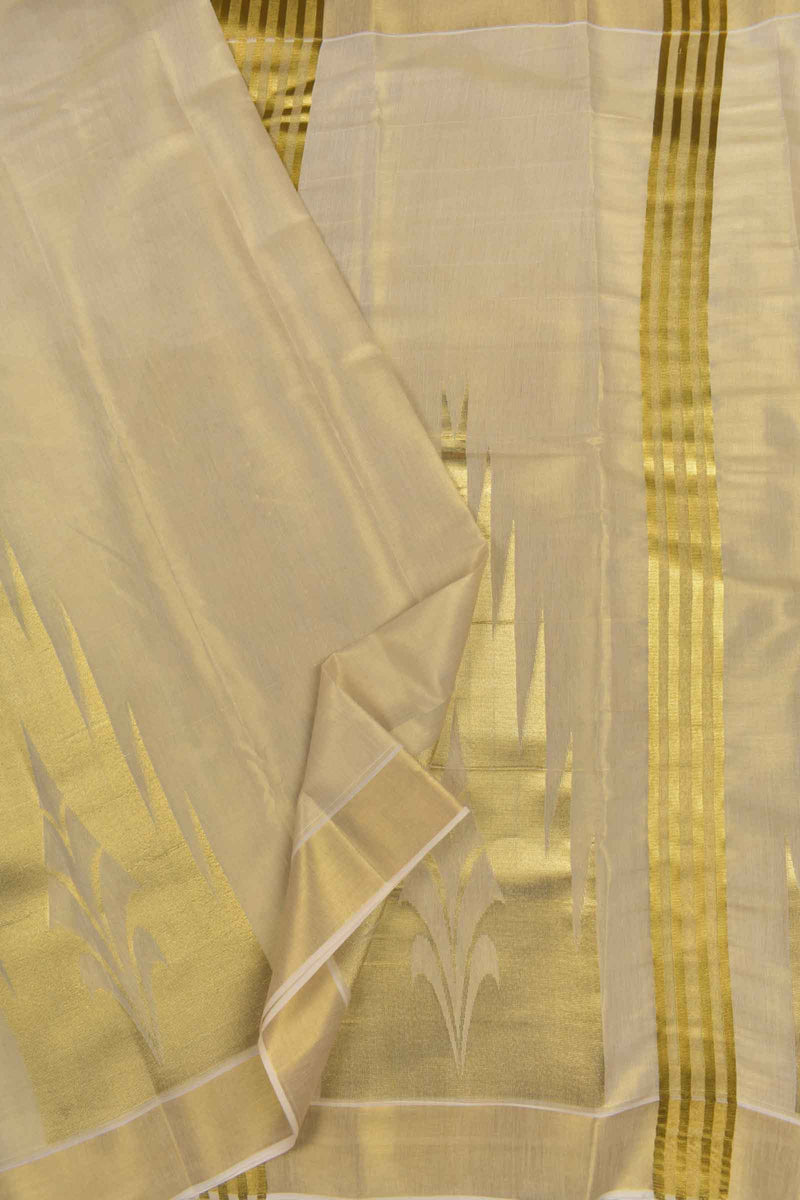 Off White Pure Kerala Tissue Cotton Zari Lines Fancy Temple Border Saree