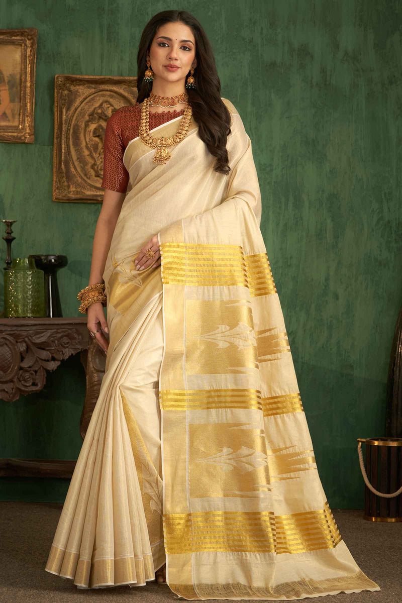 Off White Pure Kerala Tissue Cotton Zari Lines Fancy Temple Border Saree