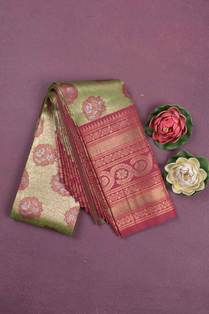 Green With Pink Semi Silk Rose Butta Contrast Pallu Blouse Saree