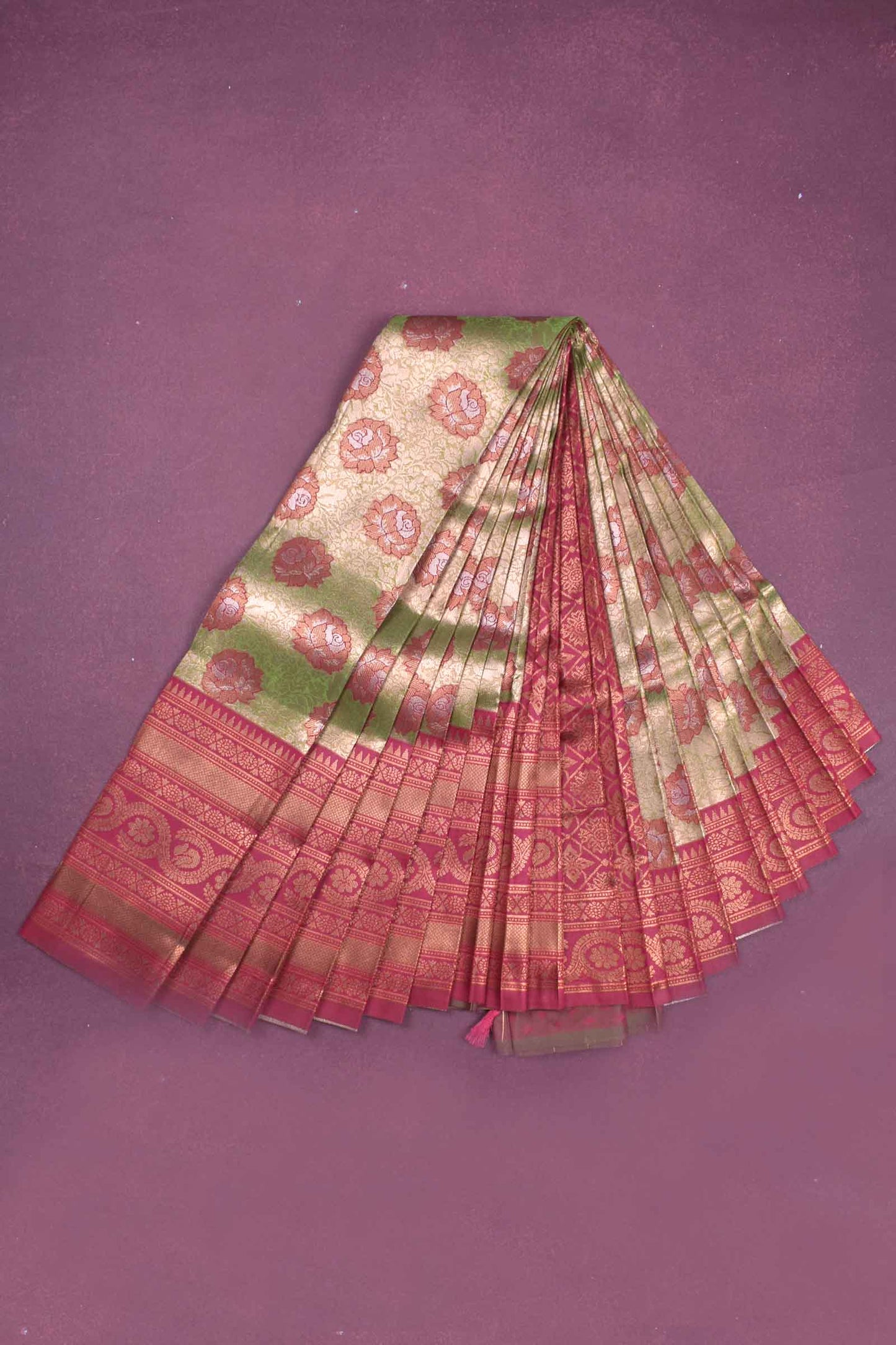 Green With Pink Semi Silk Rose Butta Contrast Pallu Blouse Saree