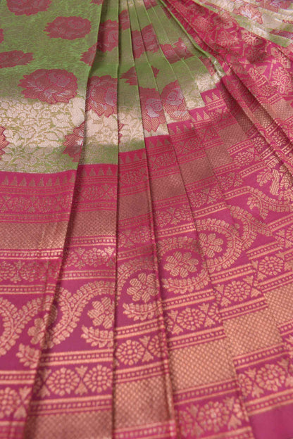 Green With Pink Semi Silk Rose Butta Contrast Pallu Blouse Saree