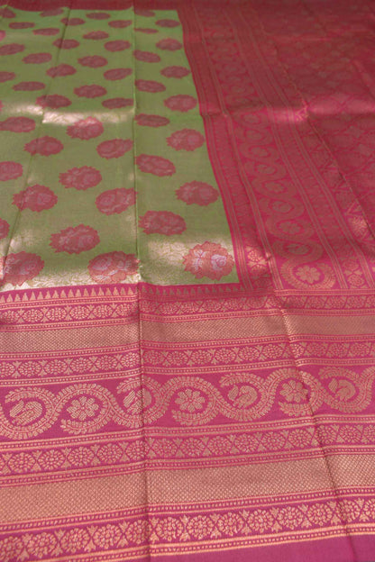 Green With Pink Semi Silk Rose Butta Contrast Pallu Blouse Saree