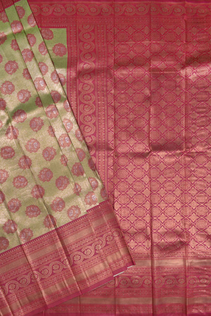 Green With Pink Semi Silk Rose Butta Contrast Pallu Blouse Saree