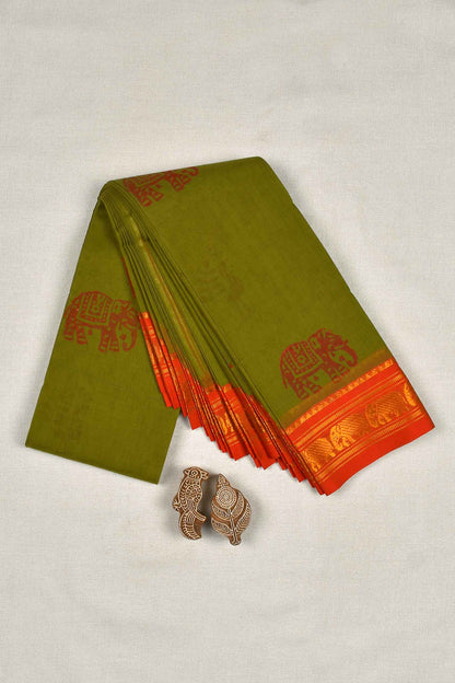 Green Jaipur Handblock Peacock Printed Chettinad Cotton Saree