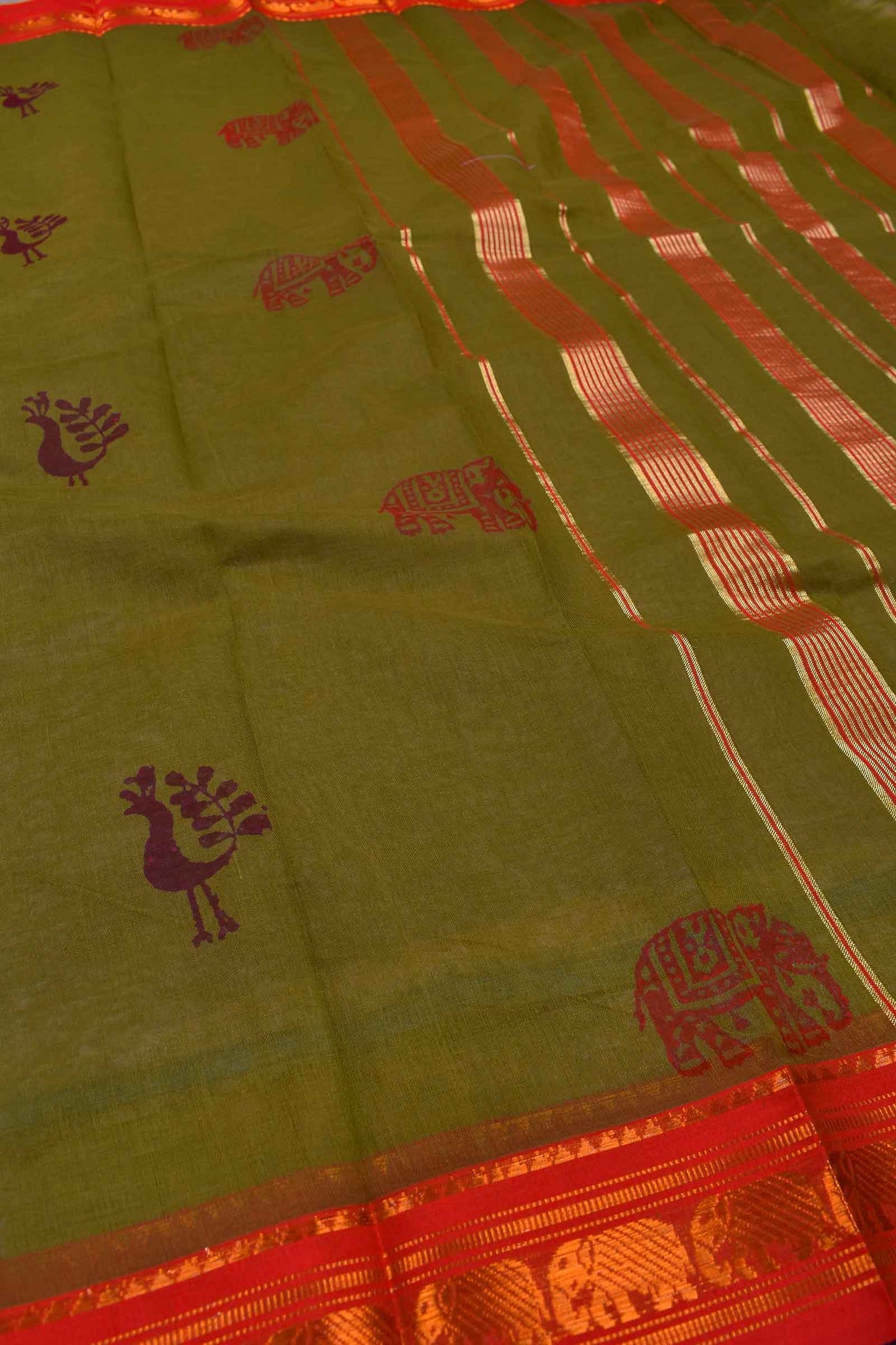 Green Jaipur Handblock Peacock Printed Chettinad Cotton Saree