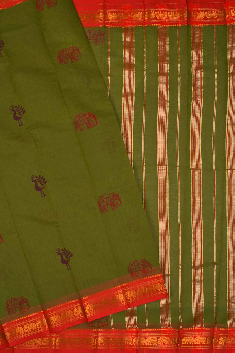 Green Jaipur Handblock Peacock Printed Chettinad Cotton Saree