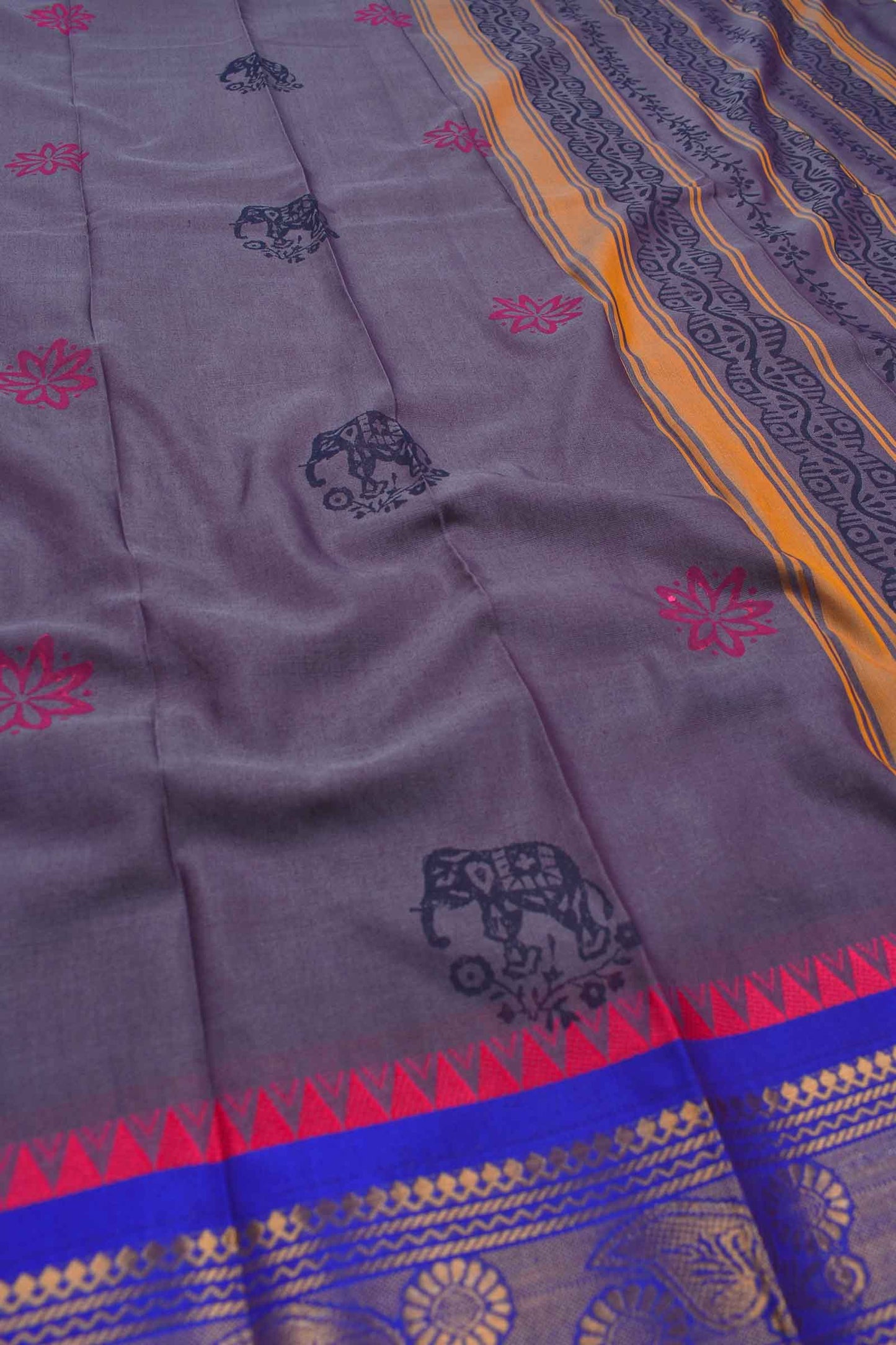 Dark Grey Jaipur Handblock Elephant Printed Chettinad Cotton Saree