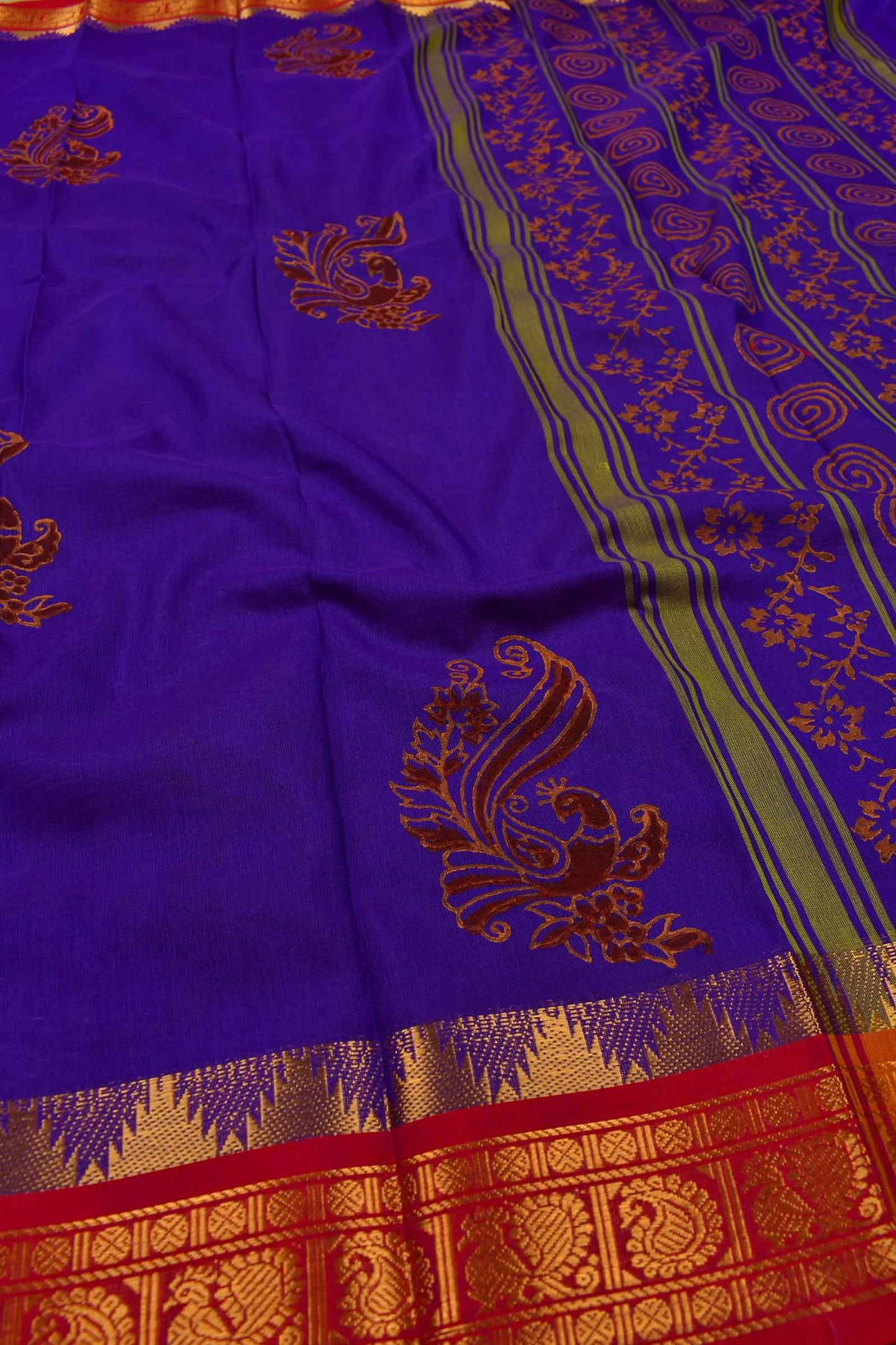 Navy Blue Jaipur Handblock Peacock Printed Chettinad Cotton Saree