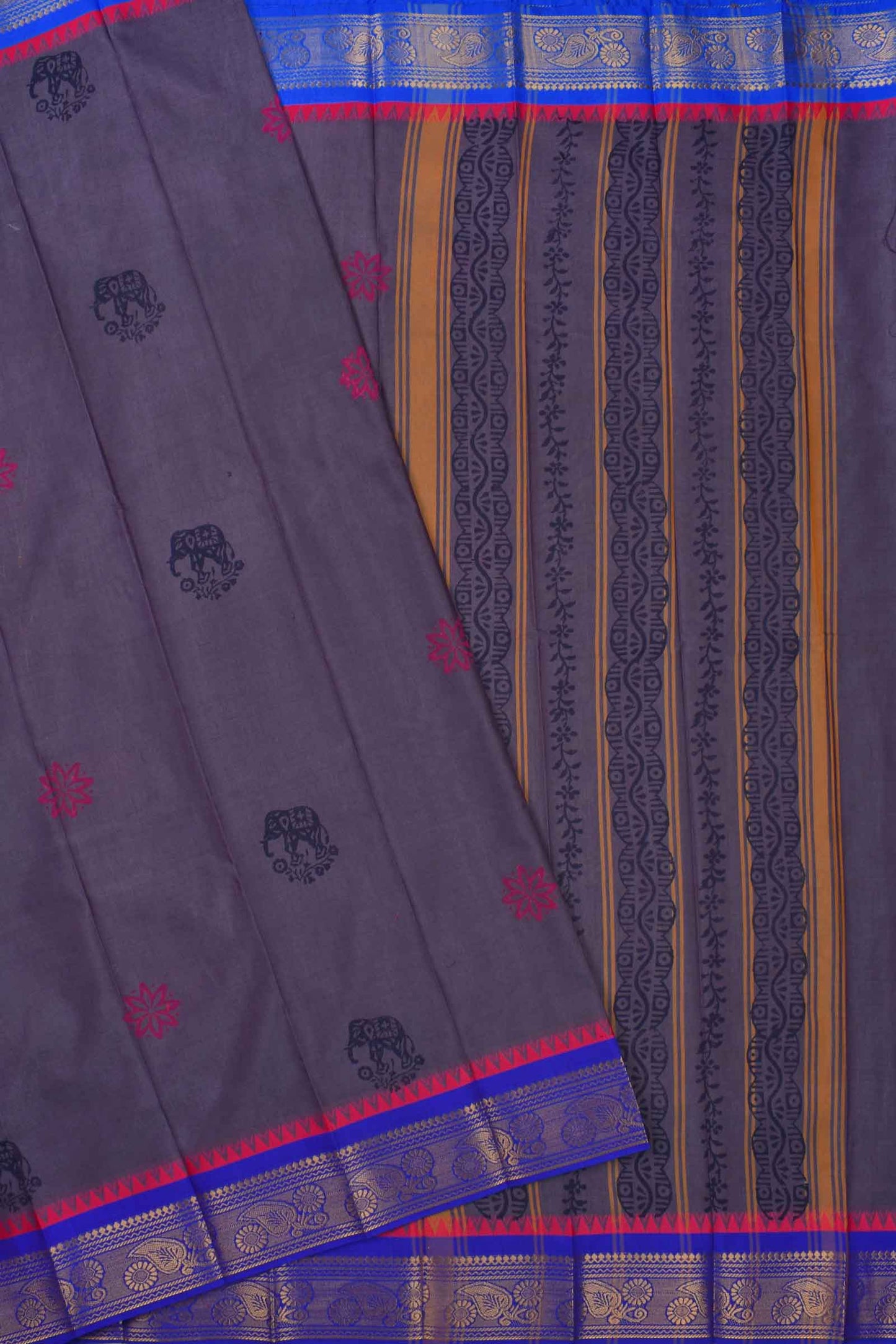 Dark Grey Jaipur Handblock Elephant Printed Chettinad Cotton Saree