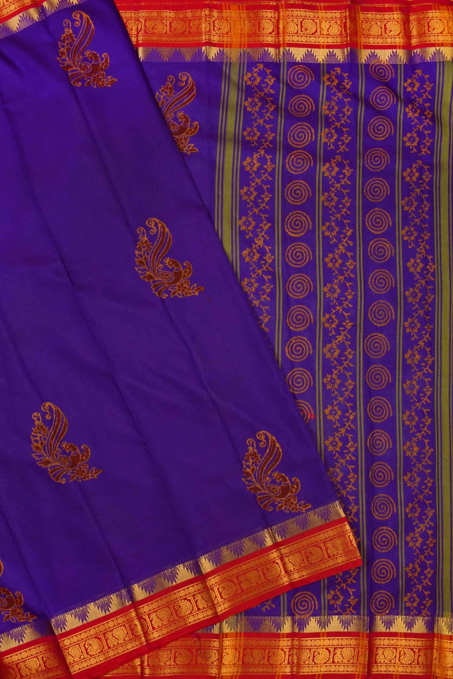 Navy Blue Jaipur Handblock Peacock Printed Chettinad Cotton Saree