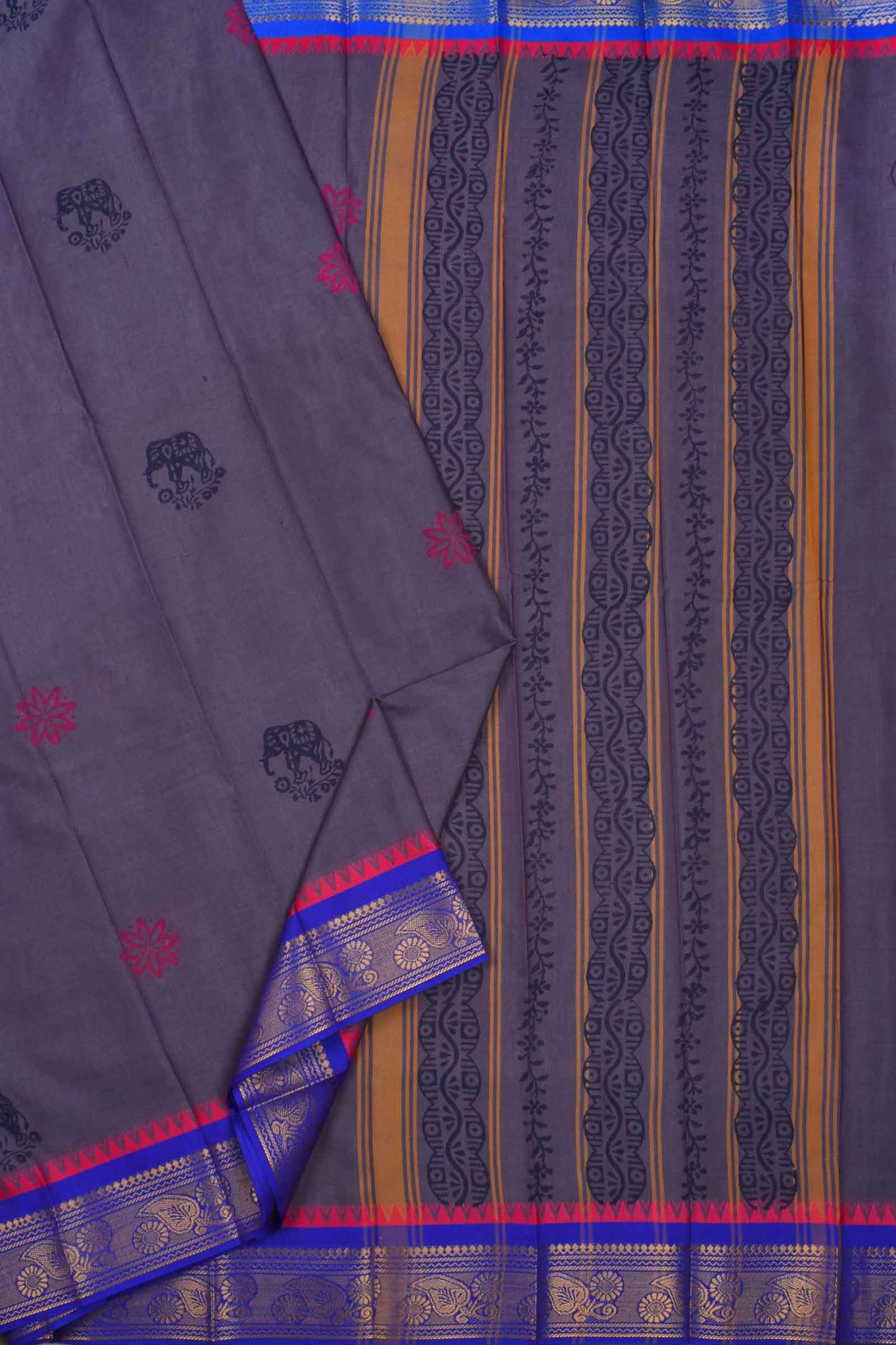 Dark Grey Jaipur Handblock Elephant Printed Chettinad Cotton Saree