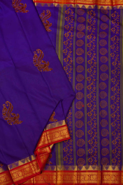 Navy Blue Jaipur Handblock Peacock Printed Chettinad Cotton Saree