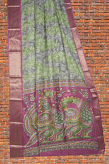 Green and Grey Semi Dola Rose Garden Kalamkari Pallu Contrast Pink Zari Border Saree