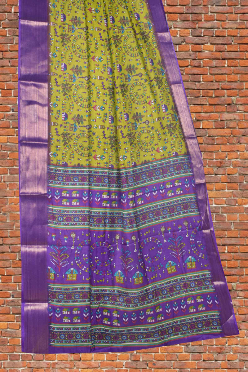 Lime Green Semi Dola Warli Village Contrast Violet Border Saree