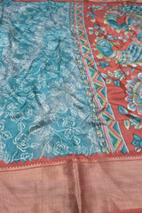 Blue and Grey Semi Dola Rose Garden Printed Kalamkari Pallu Contrast Red Zari Border Saree