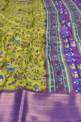 Lime Green Semi Dola Warli Village Contrast Violet Border Saree