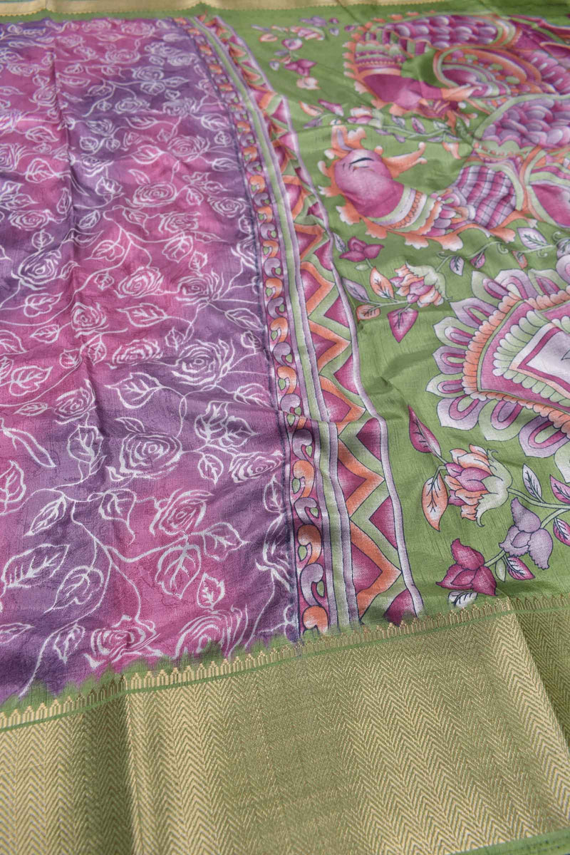 Pink With Violet Semi Dola Rose Garden Printed Kalamkari Pallu Green Zari Border Saree