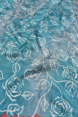 Blue and Grey Semi Dola Rose Garden Printed Kalamkari Pallu Contrast Red Zari Border Saree