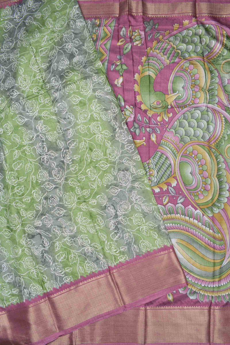 Green and Grey Semi Dola Rose Garden Kalamkari Pallu Contrast Pink Zari Border Saree