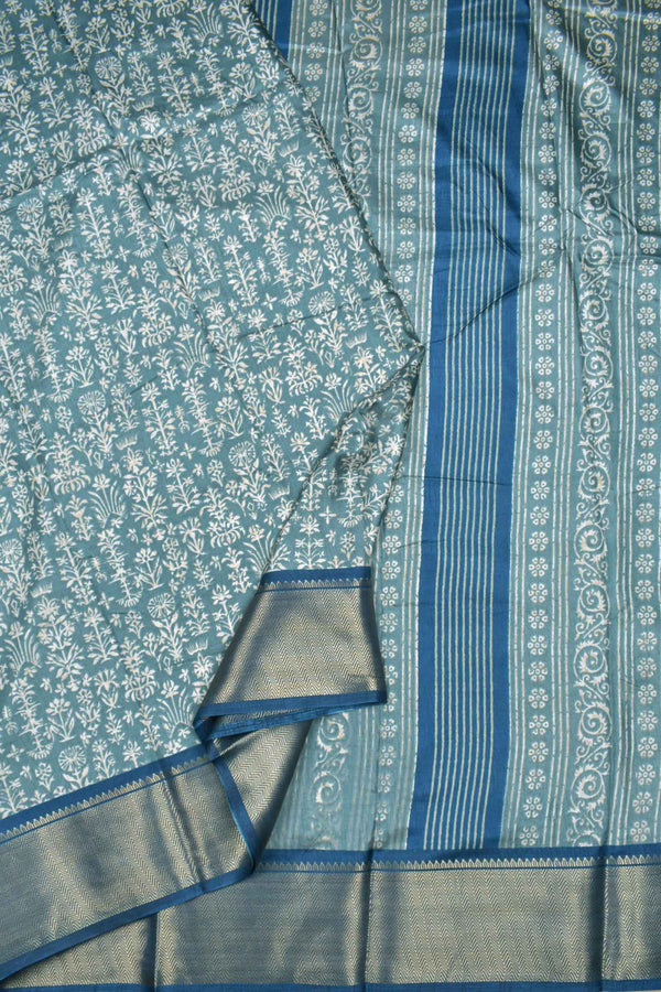 Pastel Blue Semi Dola Fancy Florals Printed Blouse Saree