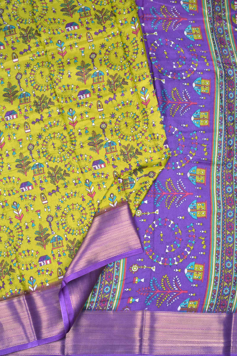 Lime Green Semi Dola Warli Village Contrast Violet Border Saree