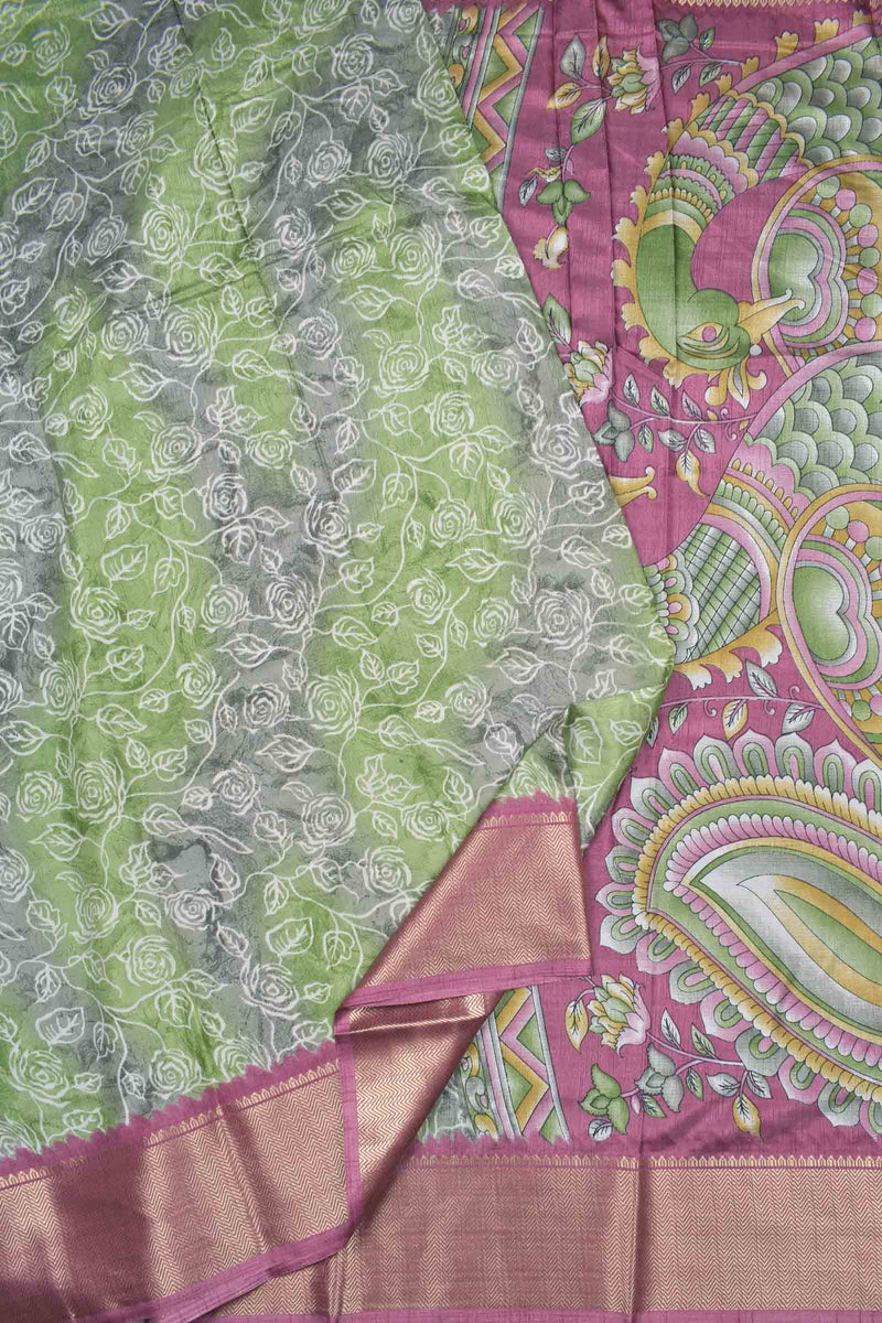 Green and Grey Semi Dola Rose Garden Kalamkari Pallu Contrast Pink Zari Border Saree