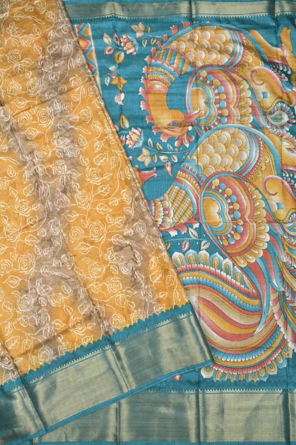 Pastel Yellow and Grey Semi Dola Rose Garden Kalamkari Pallu Green Zari Border Saree