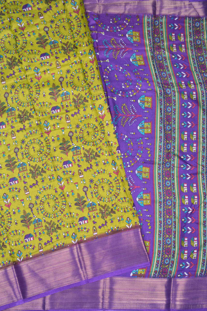 Lime Green Semi Dola Warli Village Contrast Violet Border Saree