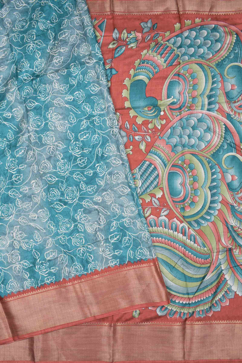 Blue and Grey Semi Dola Rose Garden Printed Kalamkari Pallu Contrast Red Zari Border Saree