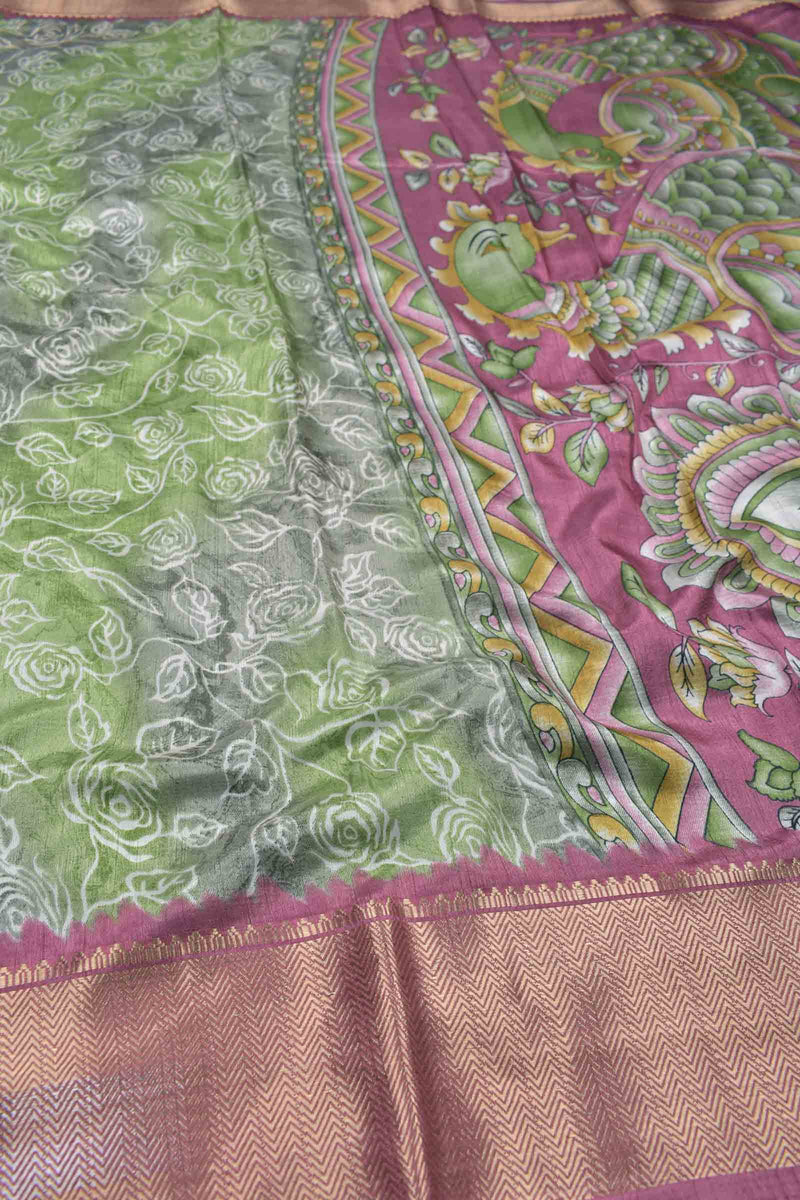 Green and Grey Semi Dola Rose Garden Kalamkari Pallu Contrast Pink Zari Border Saree