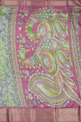 Green and Grey Semi Dola Rose Garden Kalamkari Pallu Contrast Pink Zari Border Saree