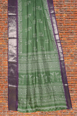 Green Semi Dola Silver Checks Holiday Reindeer Print Zari Border Saree