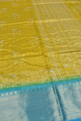 Golden Yellow Semi Dola Holiday Reindeers Printed Blue Zari Border Saree