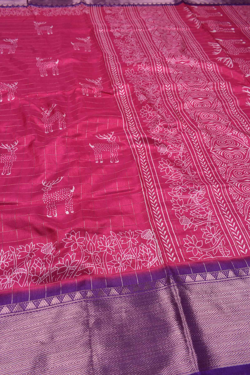 Dark Pink Semi Dola Holiday Reindeers Printed Violet Zari Border Saree