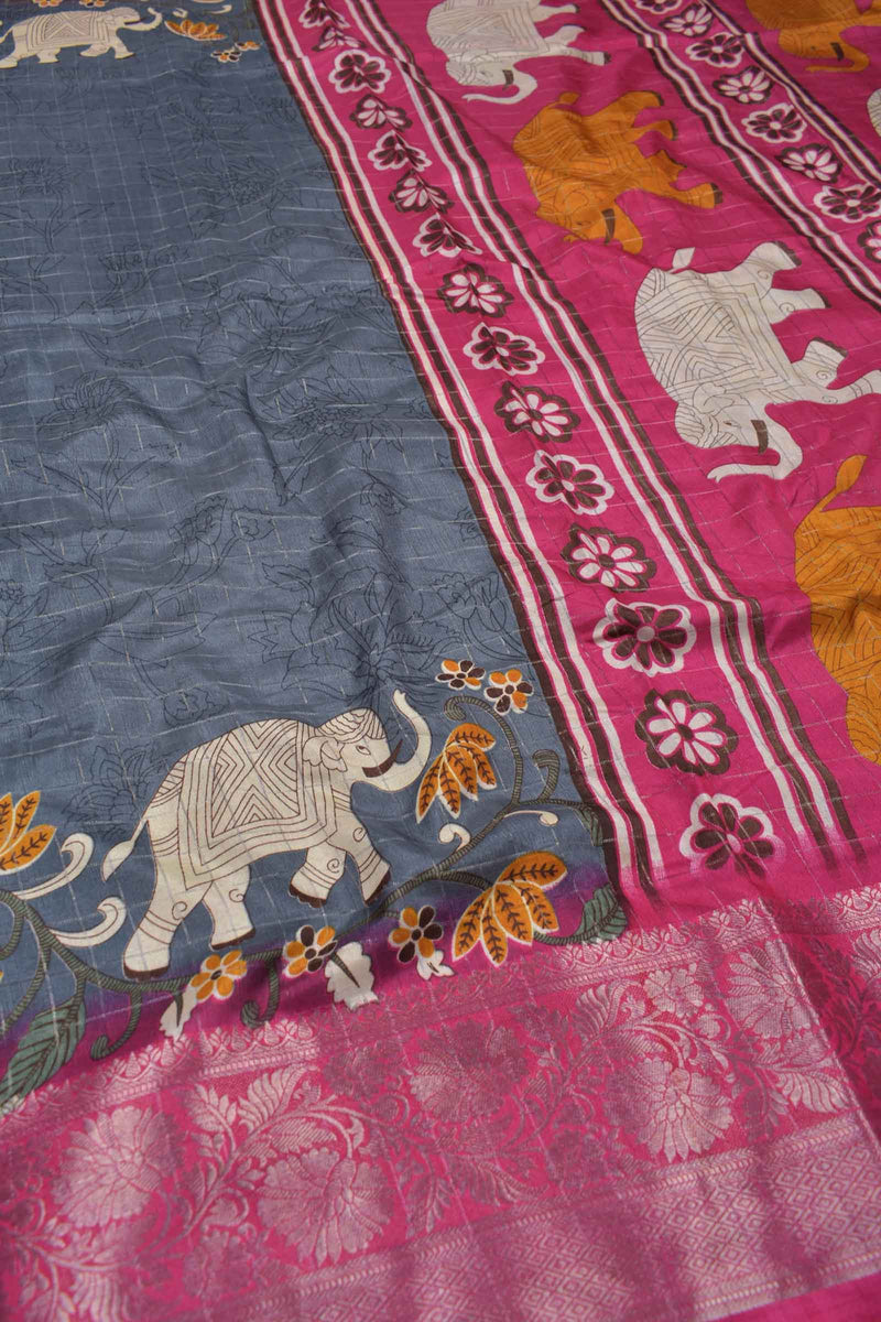 Dark Grey Semi Dola Silver Checks Elephants Printed Pink Zari Border Saree