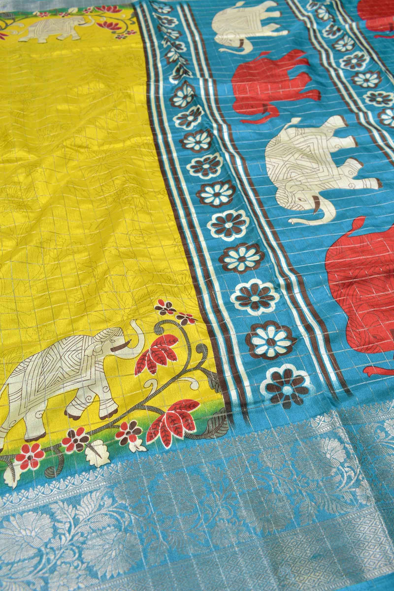 Dark Yellow Semi Dola Silver Checks Elephants Printed Blue Border Saree