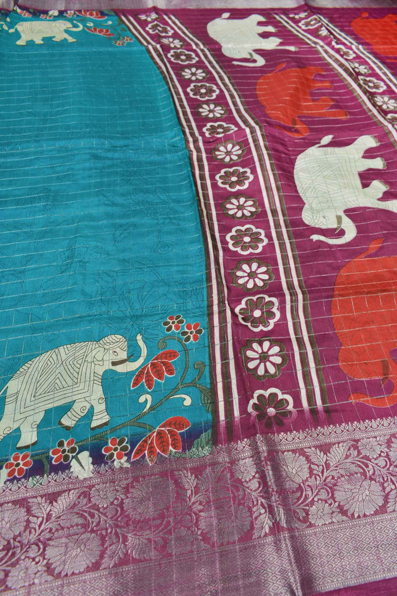 Blue Semi Dola Silver Checks Elephants Printed Zari Border Saree