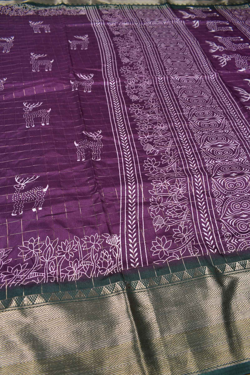 Burgundy Purple Semi Dola Holiday Reindeers Printed Green Zari Border Saree