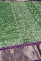 Green Semi Dola Silver Checks Holiday Reindeer Print Zari Border Saree